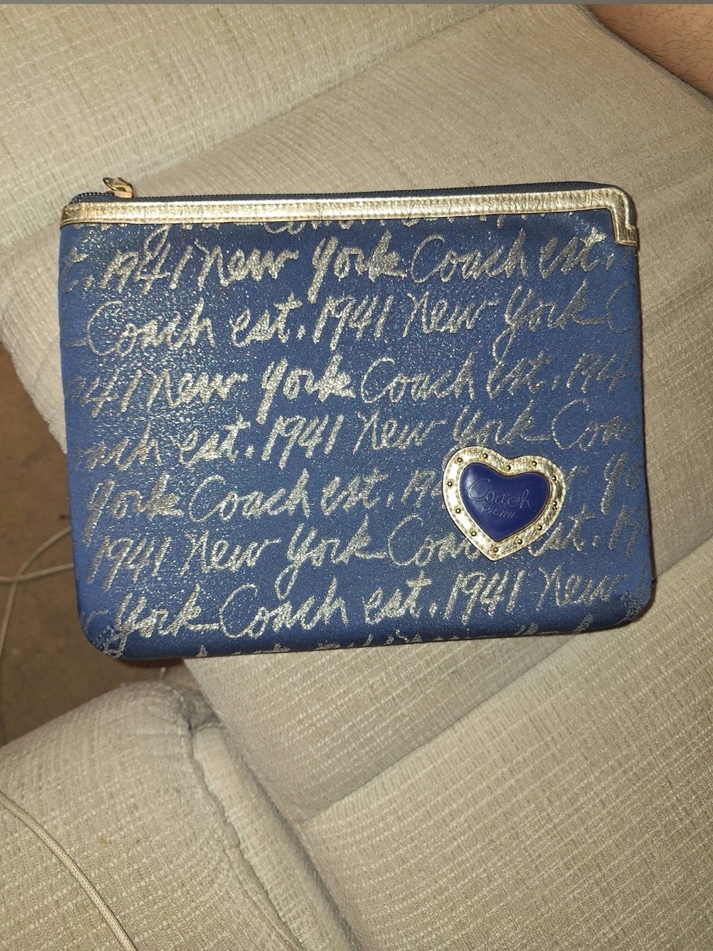 Coach Poppy Blue Script Heart Zip Pouch with Gold Trim
